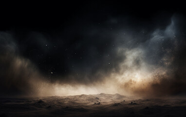 Background flying dust grains in a dark room with a dark dark background, Empty walls,  particles lights, smoke, glow, rays