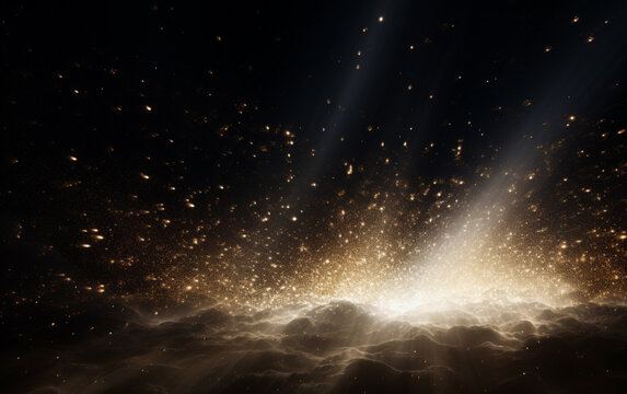 Background flying dust grains in a dark room with a dark dark background, Empty walls, particles lights, smoke, glow, rays © MUS_GRAPHIC