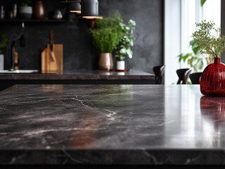  A dark marble table, ready for product display in a contemporary kitchen, with a blurred background, creating a stylish setting.Mockup
