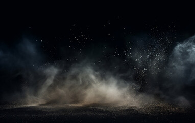 Background flying dust grains in a dark room with a dark dark background, Empty walls,  particles lights, smoke, glow, rays