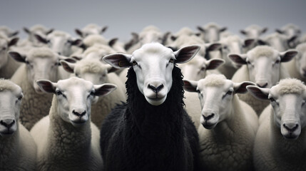 This captivating image captures a black sheep standing out among a group of white sheep against a clean backdrop, representing distinctiveness and diversity.