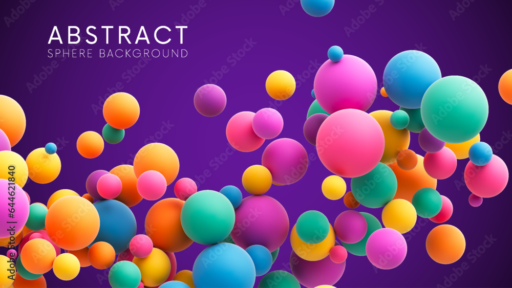 Poster abstract composition with many colorful random flying spheres. colorful rainbow matte soft balls in 