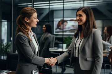 Two professional women in suits stand together, engaging in a collaborative conversation that could lead to a successful business partnership or new job opportunity