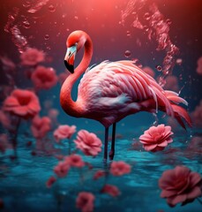 A beautiful, vibrant flamingo stands in the crystal-clear waters of a lush garden, surrounded by colorful flowers in an awe-inspiring display of nature's magnificence