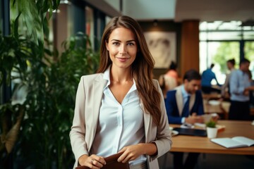 A beaming woman dressed in business attire stands confidently in a warm, inviting living space filled with plants, furniture, and a wooden table, radiating joy and success
