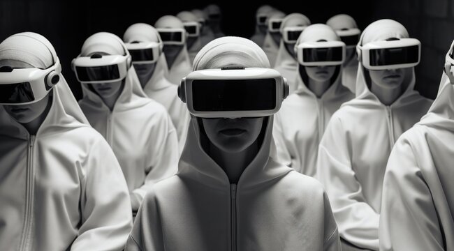 A group of vibrant individuals adorned in white hoodies and goggles stand united in their daring fashion choices