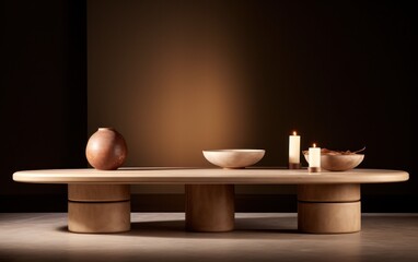 A warm and inviting atmosphere is created by the wooden table surrounded by flickering candles, while bowls of light sit atop the wall inviting one to take a seat