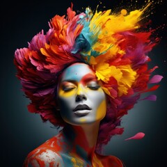 A stunning portrait of a vibrant woman with multicolored hair, showcasing her unique style and artistry through her eclectic clothing choices
