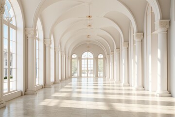 This majestic white hallway captivates with its grand arches, symmetrical columns, and elegant architecture, creating a timeless and dreamlike atmosphere of indoor arcade grandeur