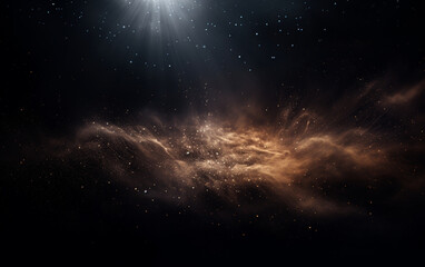 Fototapeta premium Background flying dust grains in a dark room with a dark dark background, Empty walls, particles lights, smoke, glow, rays