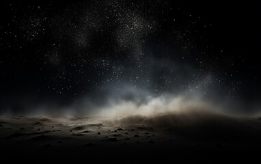 Background flying dust grains in a dark room with a dark dark background, Empty walls,  particles lights, smoke, glow, rays