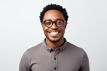 A joyful portrait of a Black man in glasses against a white backdrop.