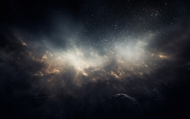 Background flying dust grains in a dark room with a dark dark background, Empty walls,  particles lights, smoke, glow, rays
