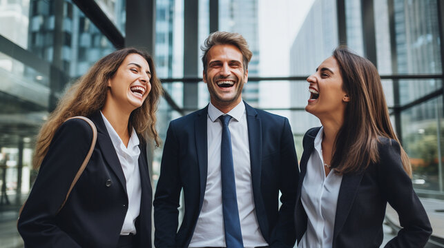 This image captures a triumphant business team of three individuals, standing side by side, sharing laughter that reflects their unity and success in the workplace.