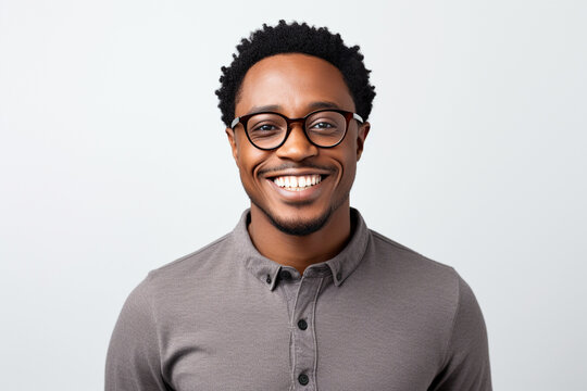 A joyful portrait of a Black man in glasses against a white backdrop.
