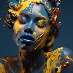 An outdoor sculpture of a woman with a vibrant mix of blue and yellow paint adorning her face stands as a vivid testament to the beauty of art