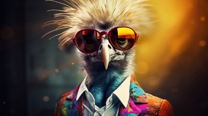 A daring bird stands out from the crowd with its bold outfit of sunglasses and a stylish jacket, ready to take on the sun and embrace its outdoor adventures