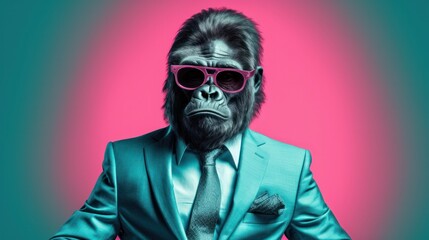 A portrait of a man wearing a stylish suit and sunglasses, exuding confidence and strength with his forehead held high, captures the essence of the wild and mysterious power of a gorilla