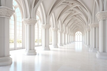 Fototapeta na wymiar The vaulted arches of the old church building give an air of symmetry and grandeur to the long white hallway, with its arcade-style columns and ornate moldings adorning the floor