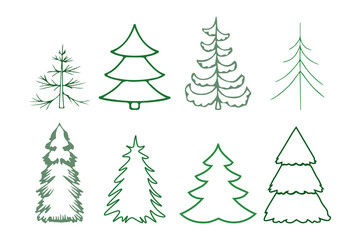 A set of illustrations of Christmas tree doodles, a vector sketch line. green christmas trees