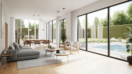 A living room of a beautiful bright modern Scandinavian style house with large windows. Created with generative AI technology