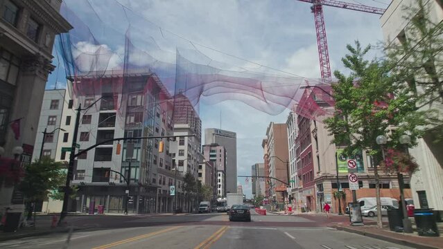 Columbus, Ohio  United States - September 6 2023: Car point of view moving north down High Street, a cultural and business centric roadway through downtown Columbus, OH