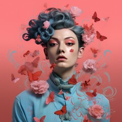 A captivating portrait of a woman with blue hair and a fashion of pink butterflies around her head, gracing a wall adorned with roses and art that reflect her unique style
