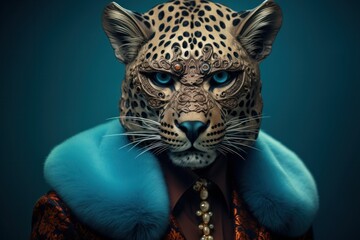 The majestic leopard with its azure fur and sapphire eyes, standing regally amongst its peers, epitomizes the power and grace of the wild animal kingdom