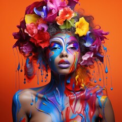 A vibrant and colorful woman with a stunning floral crown and painted body stands out in a captivating display of artistry