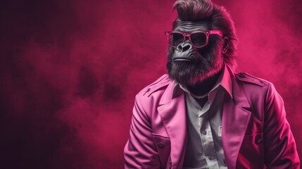 At a maroon-clad concert, a horror-inducing sight of a person wearing pink sunglasses and a pink coat like a gorilla strikes fear into the hearts of onlookers - obrazy, fototapety, plakaty
