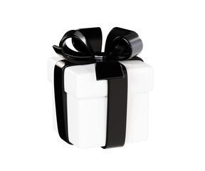 White closed gift box with black ribbon and bow 3d render illustration