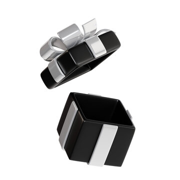 Open black gift box with silver ribbon and bow 3d render illustration.