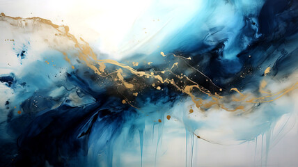 Marble ink painting abstract gold. Raging sea and golden sand. Abstract blue colorful background. Modern Art.