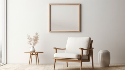 Fototapeta na wymiar Wooden picture frame on minimalist Scandinavian style furniture