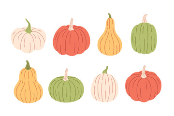 Pumpkins of different colors and shapes. Hello autumn, autumn harvest, autumn design elements. Vector illustration in flat style