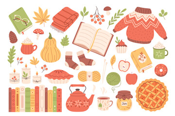 Autumn set of cute and cozy design elements. Fall mood. Autumn plants, food, harvest festival and thanksgiving day attributes. Vector illustration in flat style