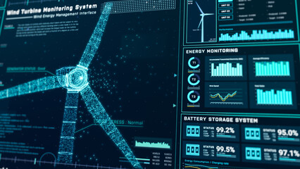 Futuristic wind turbine energy control center interface design, digital data network battery management system, green renewable power technology software, engineering iot HUD information 3d rendering © ZETHA_WORK