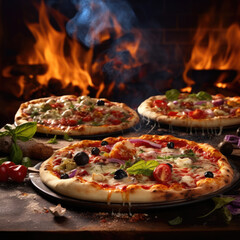 Three fresh hot and tasty italian pizzas with pepperoni, mozzarella, meat. Pizza composition on a table on fire and steam background