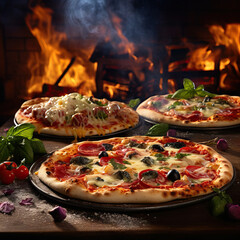 American pizzas with pepperoni, mozzarella and tomato sauce. Pizza  composition on a wooden table on fire background with smoke