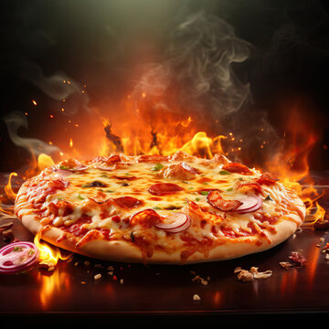 Supreme pepperoni cheese meat and vegetable pizza on stone in wood-fired oven with open fire flames and smoke on dark background