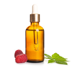 Bottle of cosmetic raspberry oil on white background