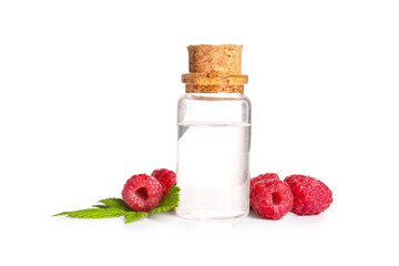 Bottle of cosmetic raspberry oil on white background