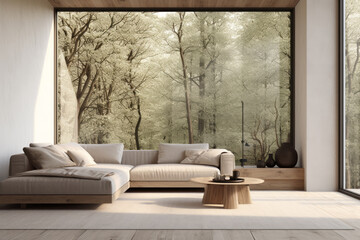 Living room with large windows overlooking beautiful natural landscape scenes. A table made from a huge natural tree and a sofa made of organic materials. Healing and relaxation concept.