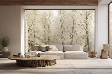 Living room with large windows overlooking beautiful natural landscape scenes. A table made from a huge natural tree and a sofa made of organic materials. Healing and relaxation concept.