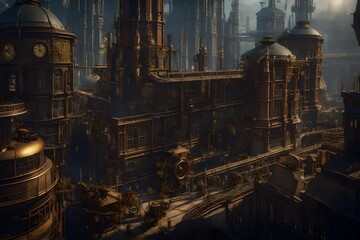 a bustling steampunk city with towering brass skyscrapers, intricate clockwork mechanisms, and airships soaring above - AI Generative
