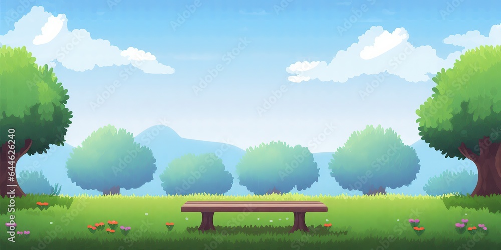 Wall mural pixel art arcade game scene with trees, clouds, board, stones, 8bit background. tree and bush pixel 