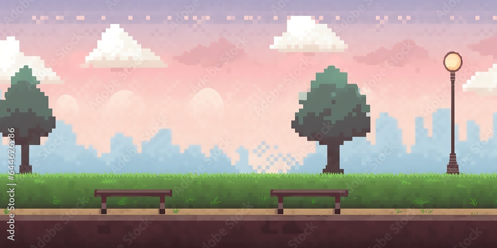 Wall mural pixel art arcade game scene with trees, clouds, board, stones, 8bit background. tree and bush pixel 