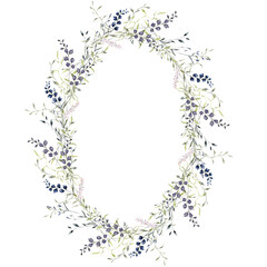 Wreath with watercolor wildflowers, herbs and grass, isolated on white background
