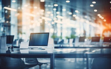 Naklejka premium Blur background of empty modern office background in city center workspace interior design