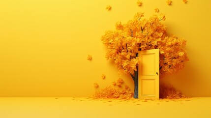 Autumn is here. Yellow tree opens the door. Autumn concept on yellow background with copy space. 